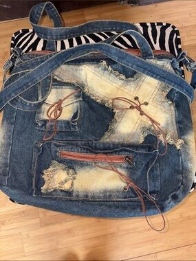 Source Unknown Distressed Denim Crossbody Bag with Brown Accents